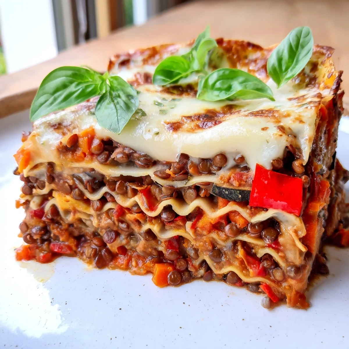 Serving suggestion for one-pan smoky veggie lentil lasagne with a side salad and warm garlic bread.