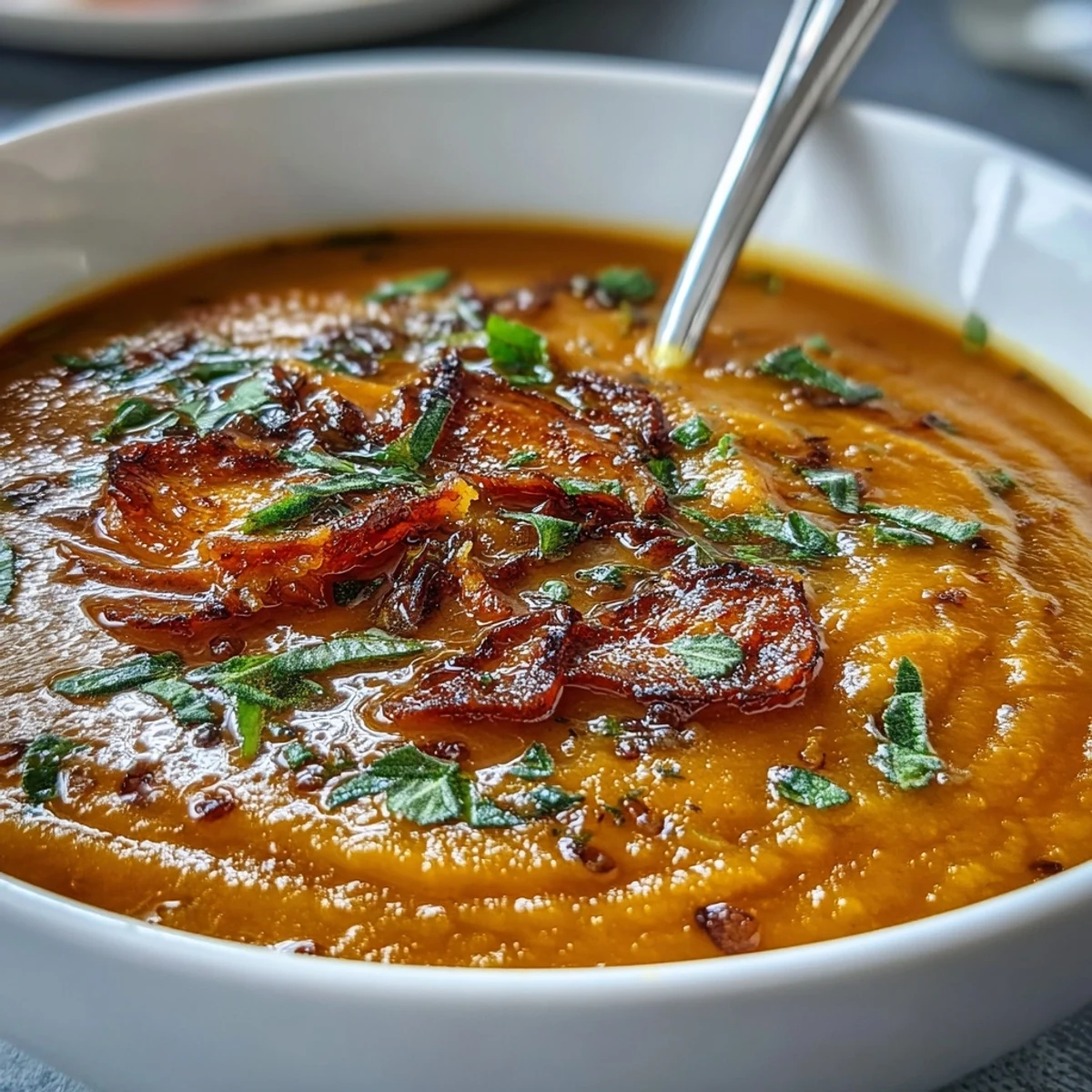 Creamy butternut squash and lentil soup in a rustic bowl, garnished with fresh cilantro and a lemon wedge, served alongside crusty bread.  