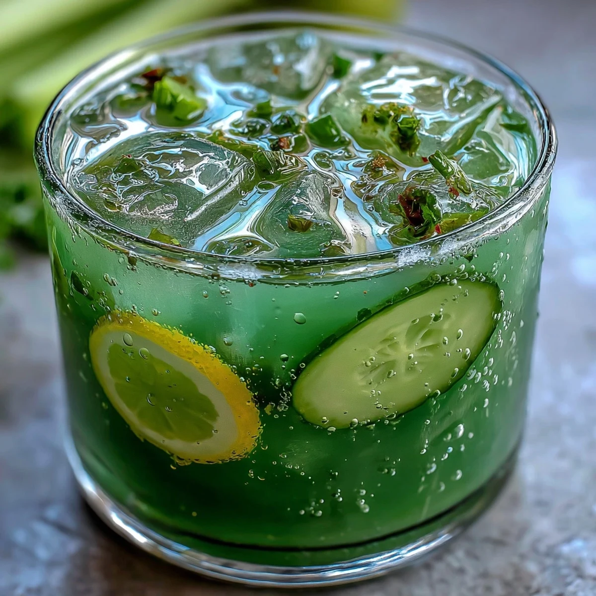 Vibrant Celery Ginger Lemon Juice cooling with ice, perfect for morning refreshment.