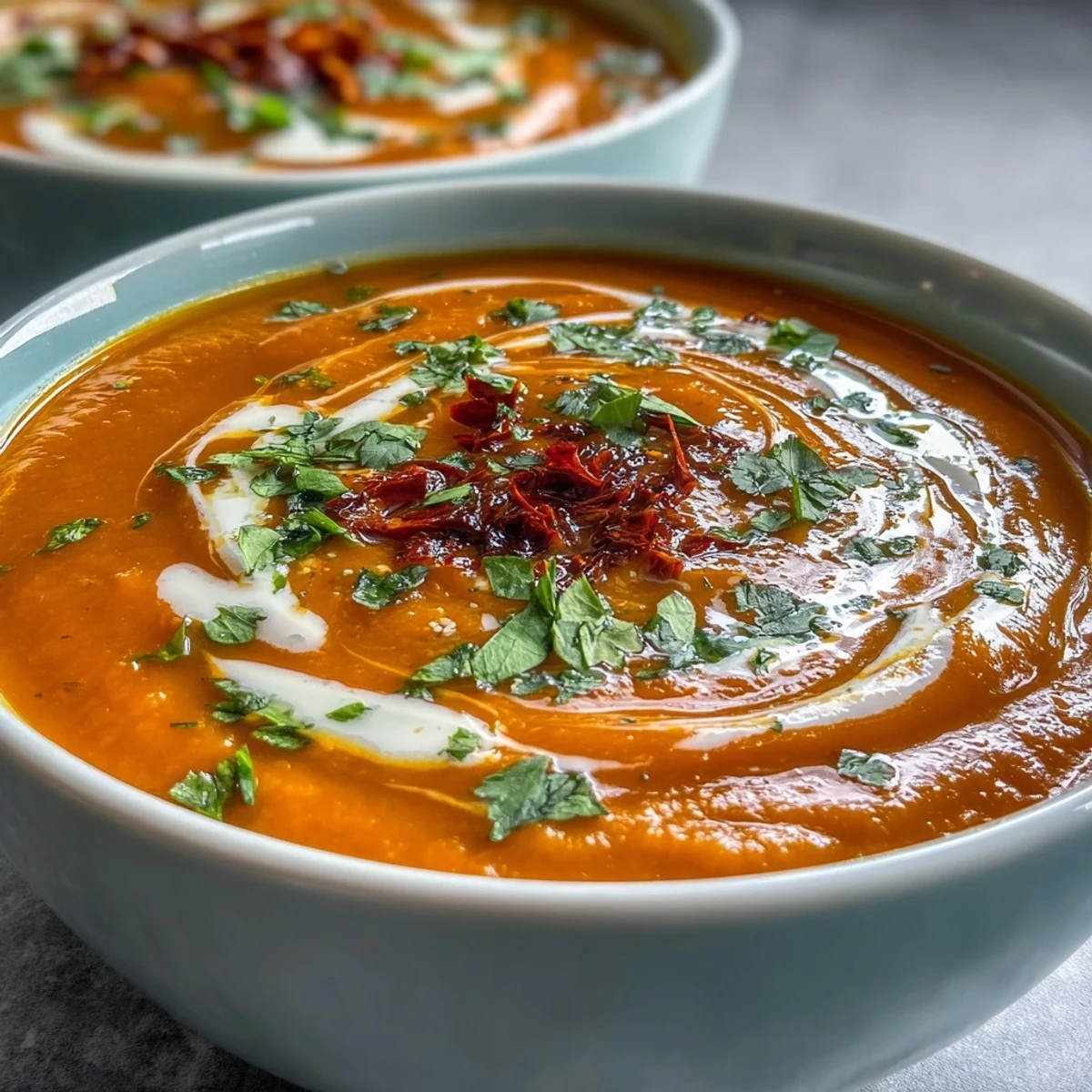 Gently spiced Carrot Celeriac Chilli Soup with fresh garnish, a nourishing bowl.
