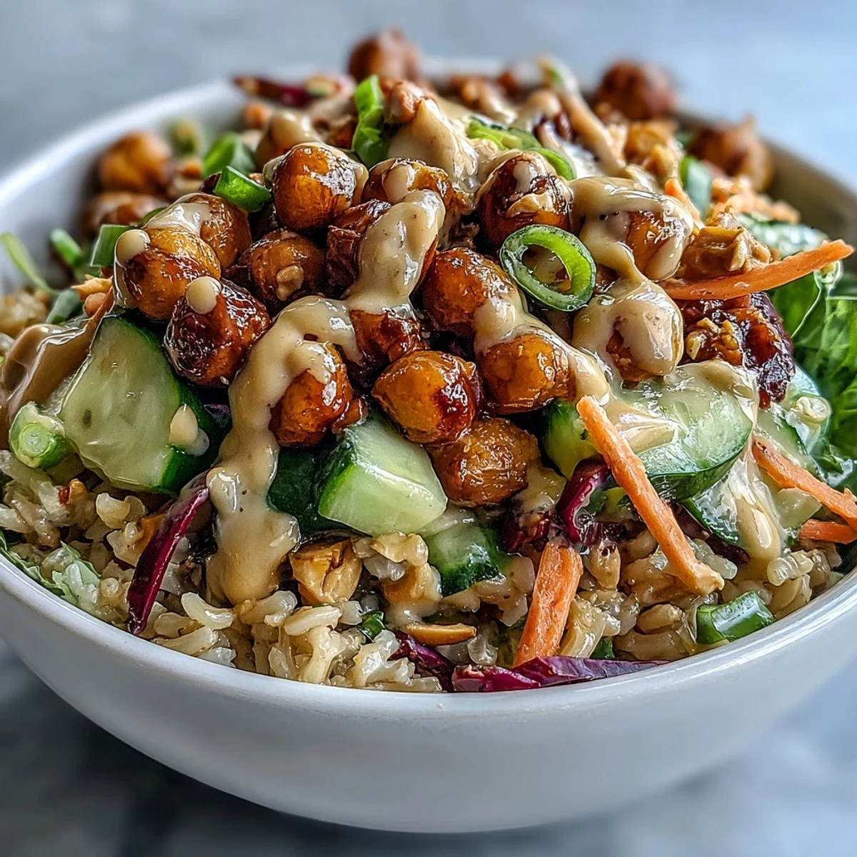 Close-up of a colorful Peanut Chickpea Rice Bowl with brown rice, chickpeas, peanuts, shredded carrots, red cabbage, and cucumber slices.