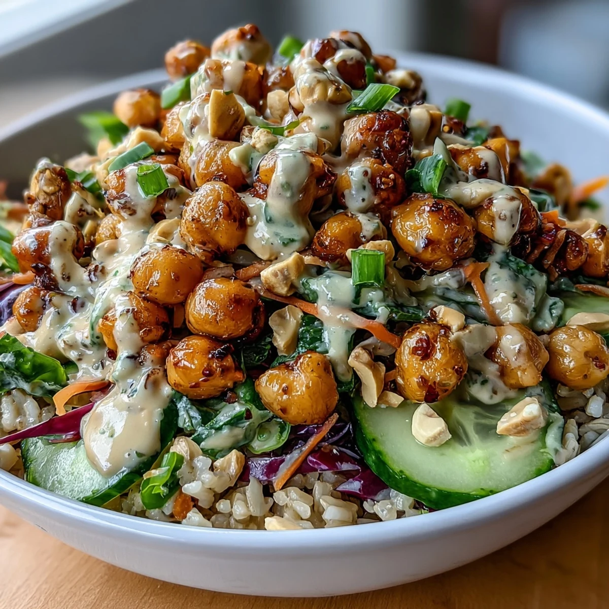 Toppings for Peanut Chickpea Rice Bowl include creamy peanut dressing, fresh cilantro, and roasted peanuts, all drizzled over the vibrant ingredients.
