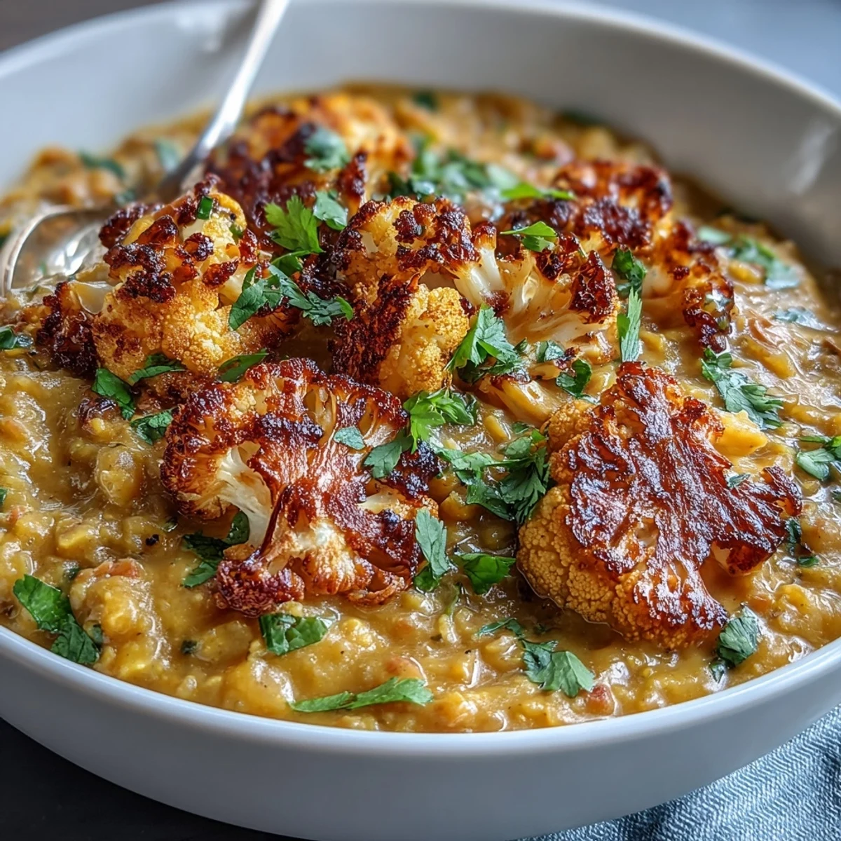 A bowl of creamy red lentil dhal topped with spiced, tender roasted cauliflower.