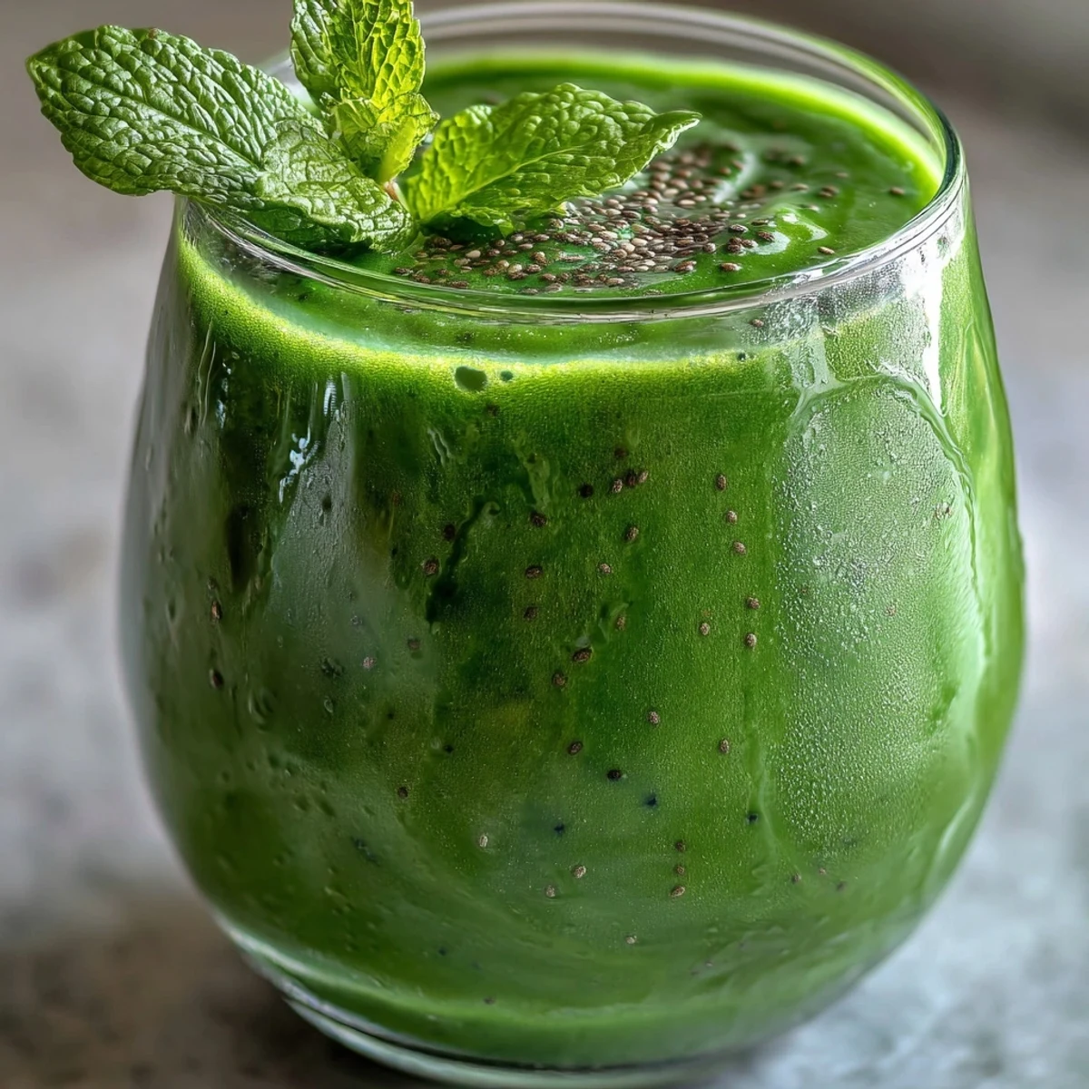 A tall glass of vibrant Green Detox Smoothie, packed with romaine, spinach, and chia seeds, garnished with a fresh mint leaf on a rustic table.