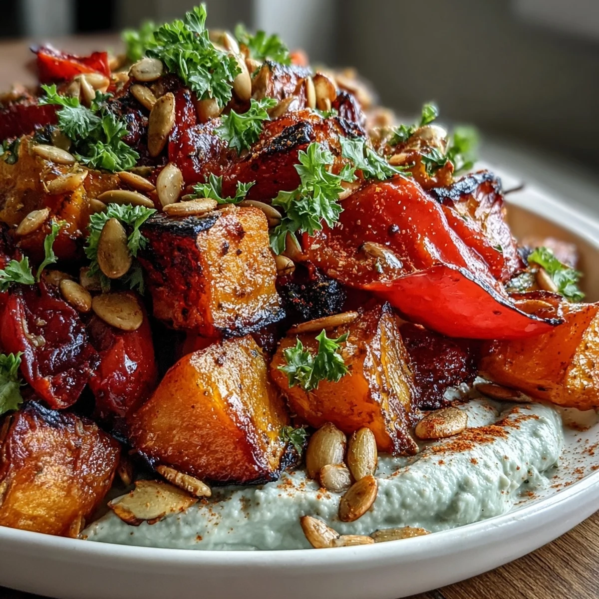 Vibrant roasted squash and hummus winter salad on a plate, featuring golden butternut squash and sweet potatoes atop creamy butter bean hummus with toasted seeds.  