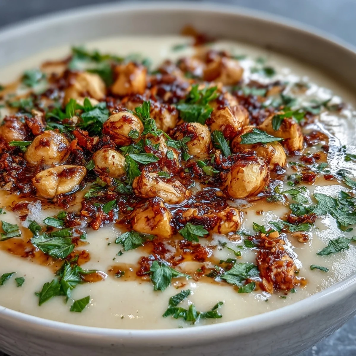 Earthy celeriac soup garnished with toasted, salty hazelnut crumble.