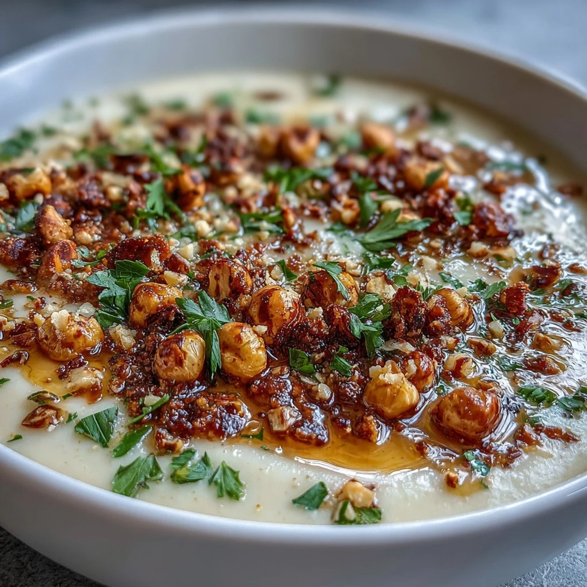 Velvety roasted celeriac soup, perfect with a savory hazelnut topping.