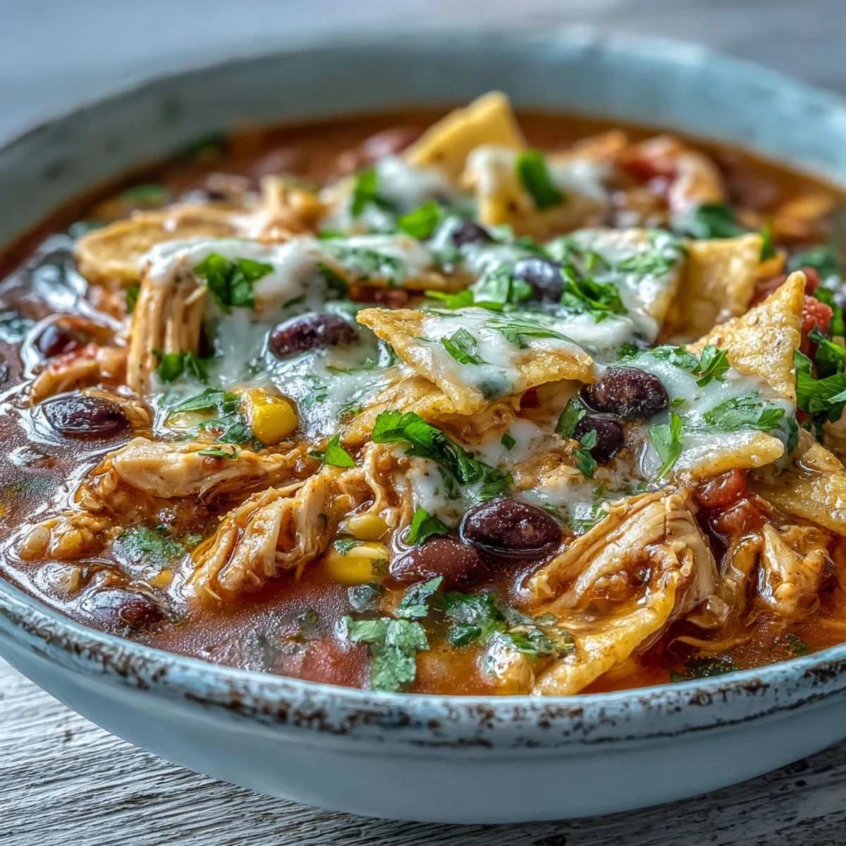 Hearty Easy Chicken Tortilla Soup topped with tortilla strips, fresh cilantro, melted cheddar, and a bright lime wedge for squeezing.