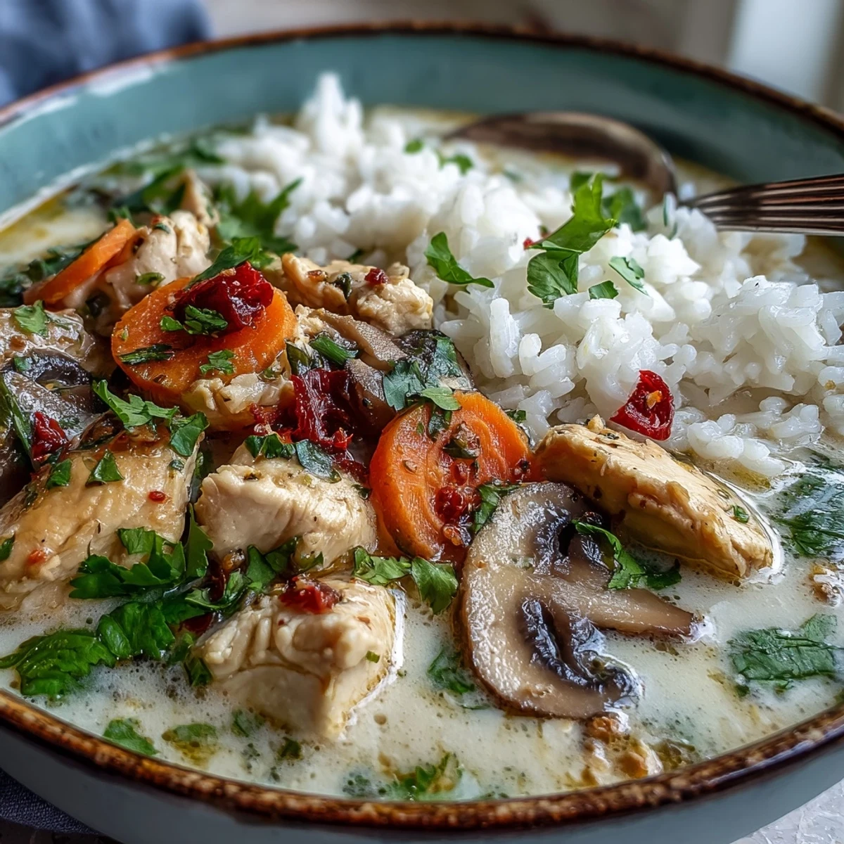Creamy Thai Coconut Curry Soup with tender chicken, mushrooms, and jasmine rice in a fragrant red curry coconut broth, topped with cilantro and lime.