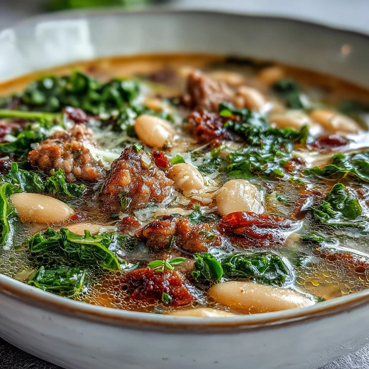 Steaming Italian White Bean Soup with Kale and Sausage served in a rustic bowl, garnished with grated Parmesan and olive oil.