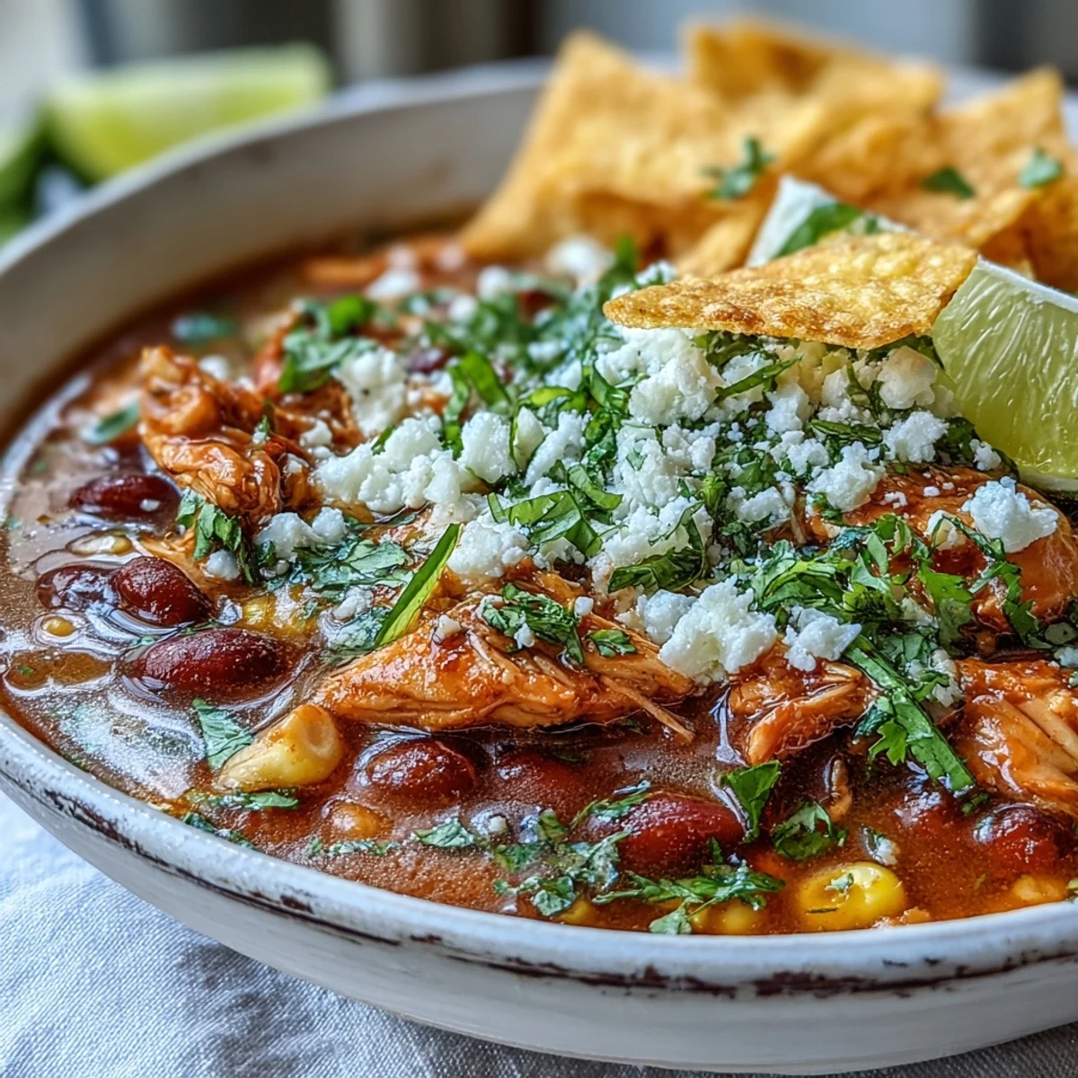 Steaming Chicken Tortilla Soup is served in a rustic bowl, loaded with tender chicken, beans, and topped with crispy tortilla strips and fresh lime.