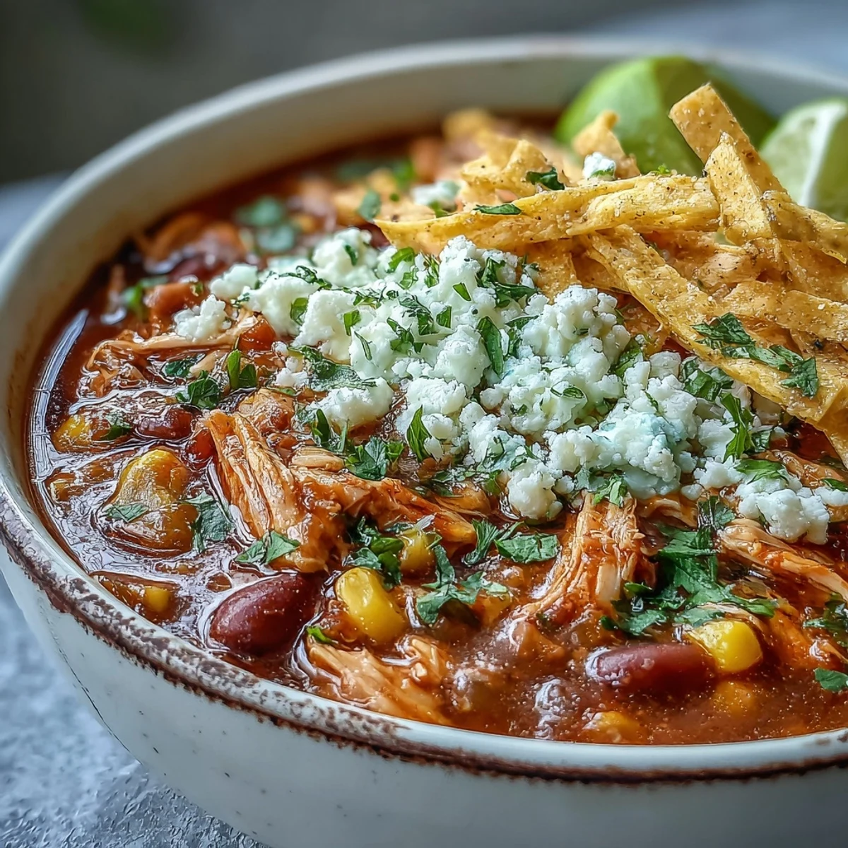 A close-up of Chicken Tortilla Soup garnished with creamy avocado slices, crumbled cotija cheese, and a vibrant handful of chopped cilantro.