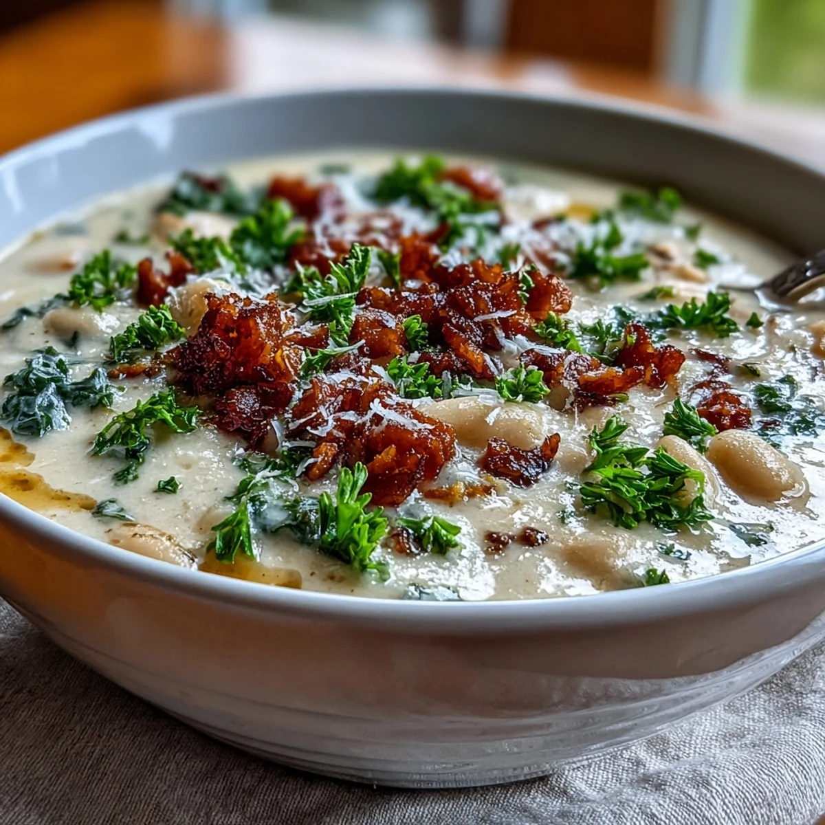 Creamy Tuscan White Bean Soup in a rustic bowl, topped with crispy pancetta bits, fresh basil, and a drizzle of olive oil.