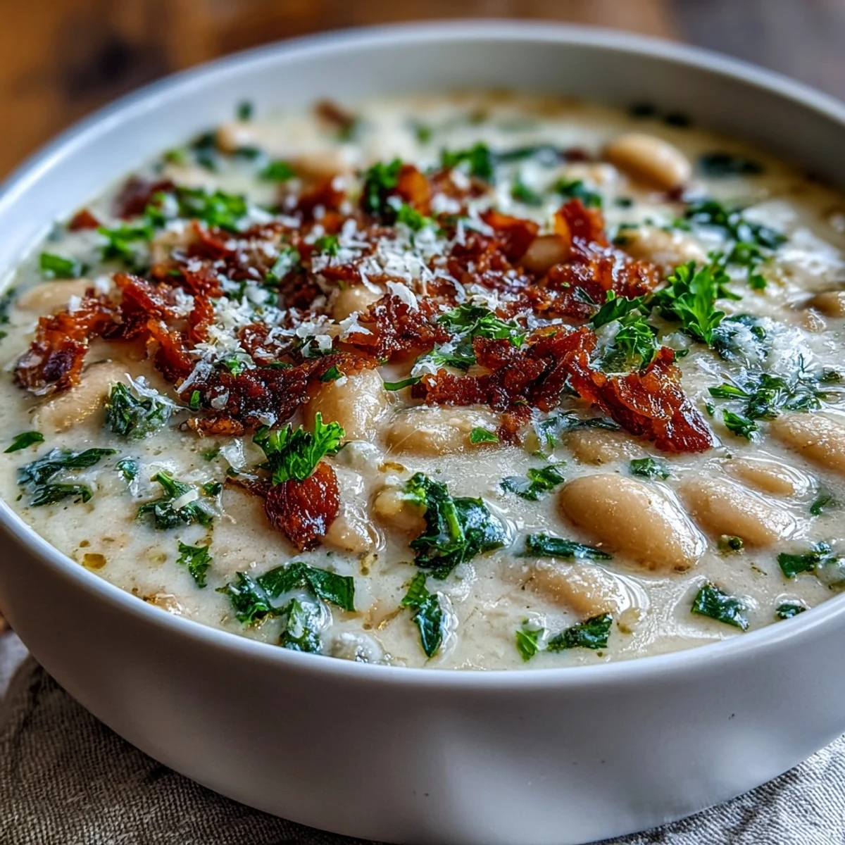 A close-up of velvety Creamy Tuscan White Bean Soup garnished with Parmesan cheese, sun-dried tomatoes, and a sprig of fresh parsley.