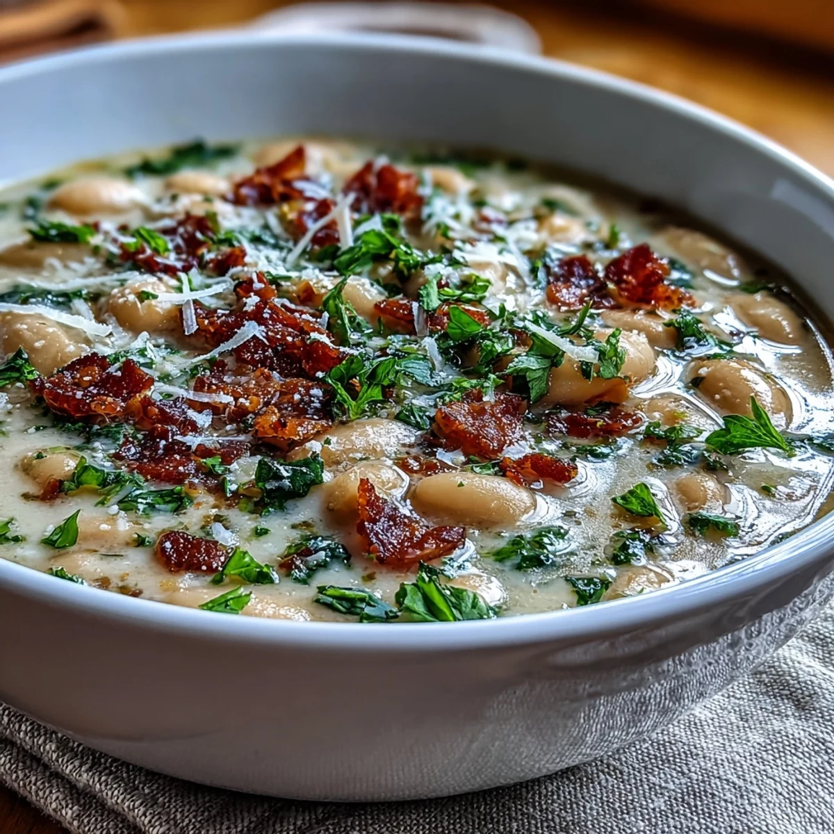Hearty Italian Creamy Tuscan White Bean Soup served hot with a slice of crusty bread for dipping on the side.