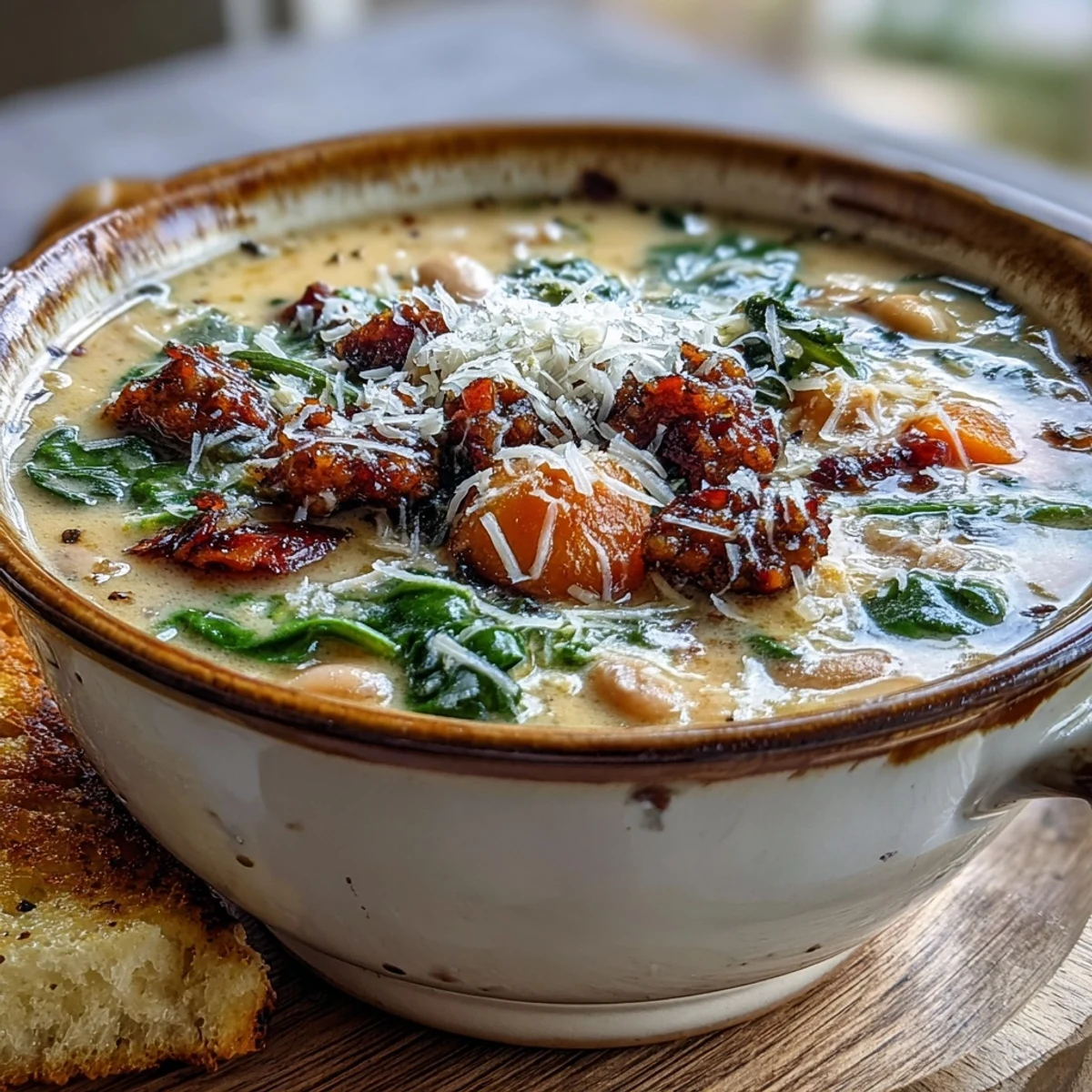 Creamy Tuscan White Bean Soup with Sausage steaming in a rustic bowl with Parmesan.