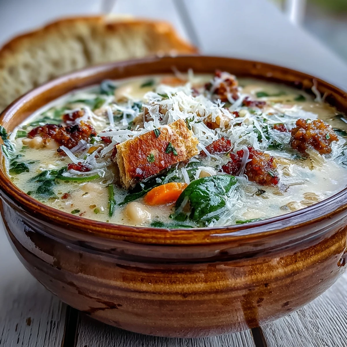 Spoon diving into Creamy Tuscan White Bean Soup with Sausage served with crusty bread.
