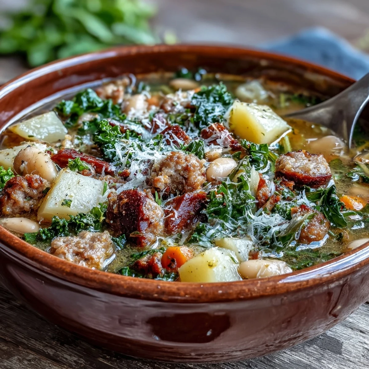 A hearty ladle of Tuscan White Bean Sausage Soup topped with Parmesan, ready to serve with crusty bread.