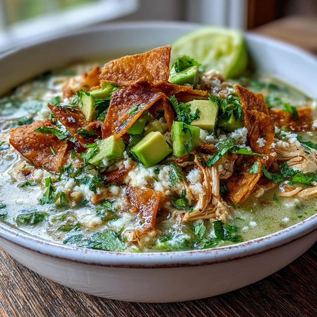 Creamy Chicken Tortilla Soup with diced avocado and crispy tortilla chips topped with fresh cilantro.