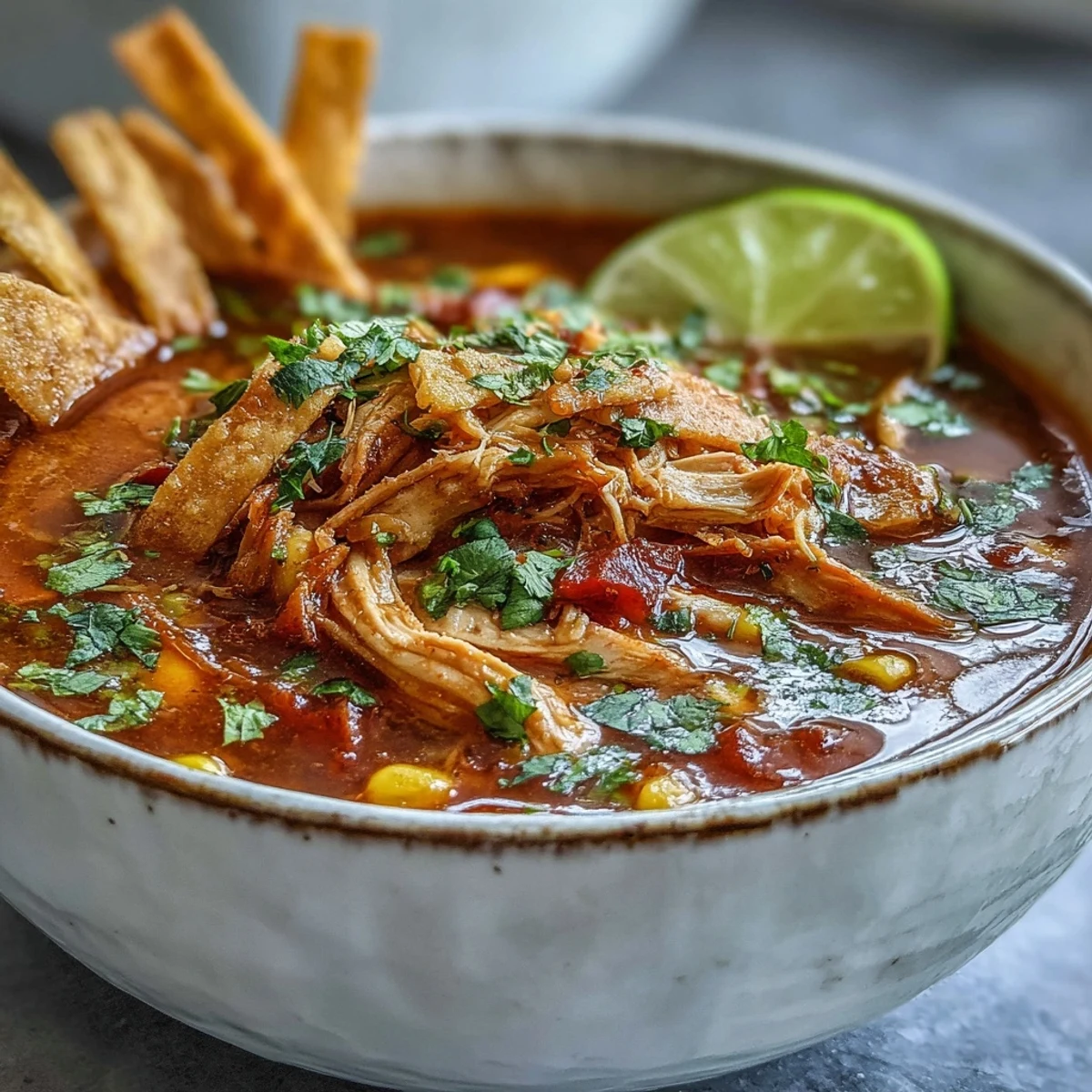 Steaming bowl of Best Chicken Tortilla Soup topped with avocado, cheese, and crispy tortilla strips.