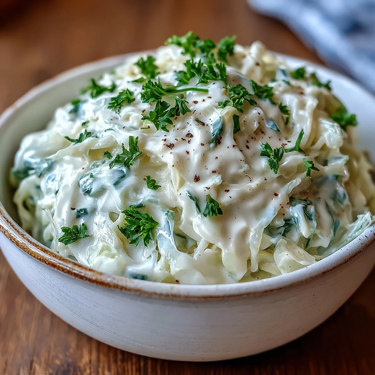 Silky Creamed Cabbage simmering in a creamy sauce, topped with fresh parsley for a comforting, vegetarian side dish.