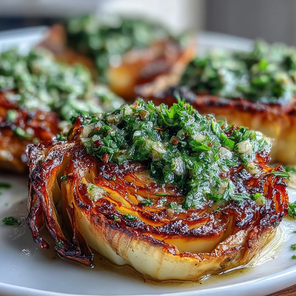 Cabbage steaks roasted until golden with crispy edges, topped with vibrant jalapeño chimichurri for a bold vegan dinner.  