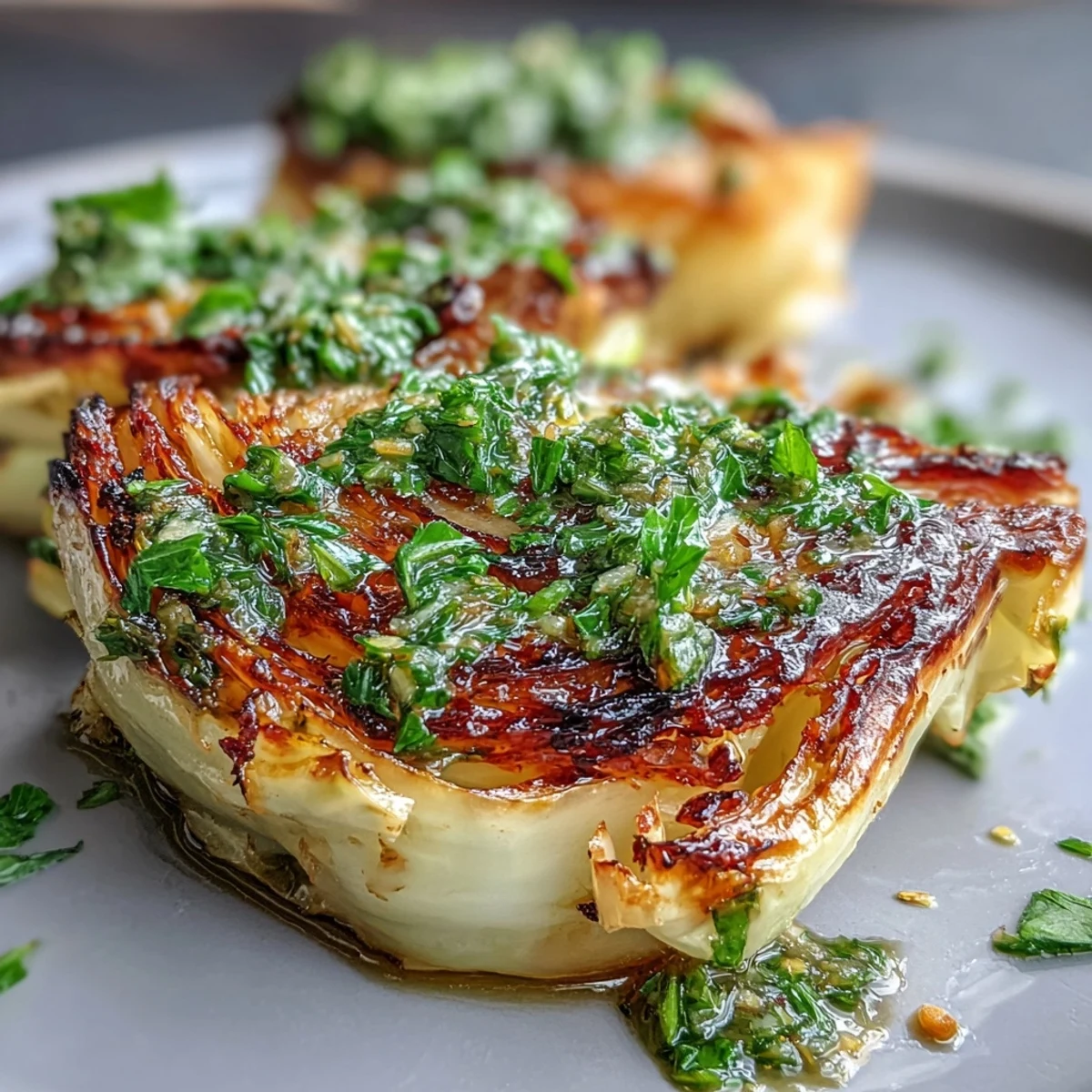 Golden, caramelized cabbage steaks served hot with a zesty jalapeño chimichurri drizzle for a flavorful meal.