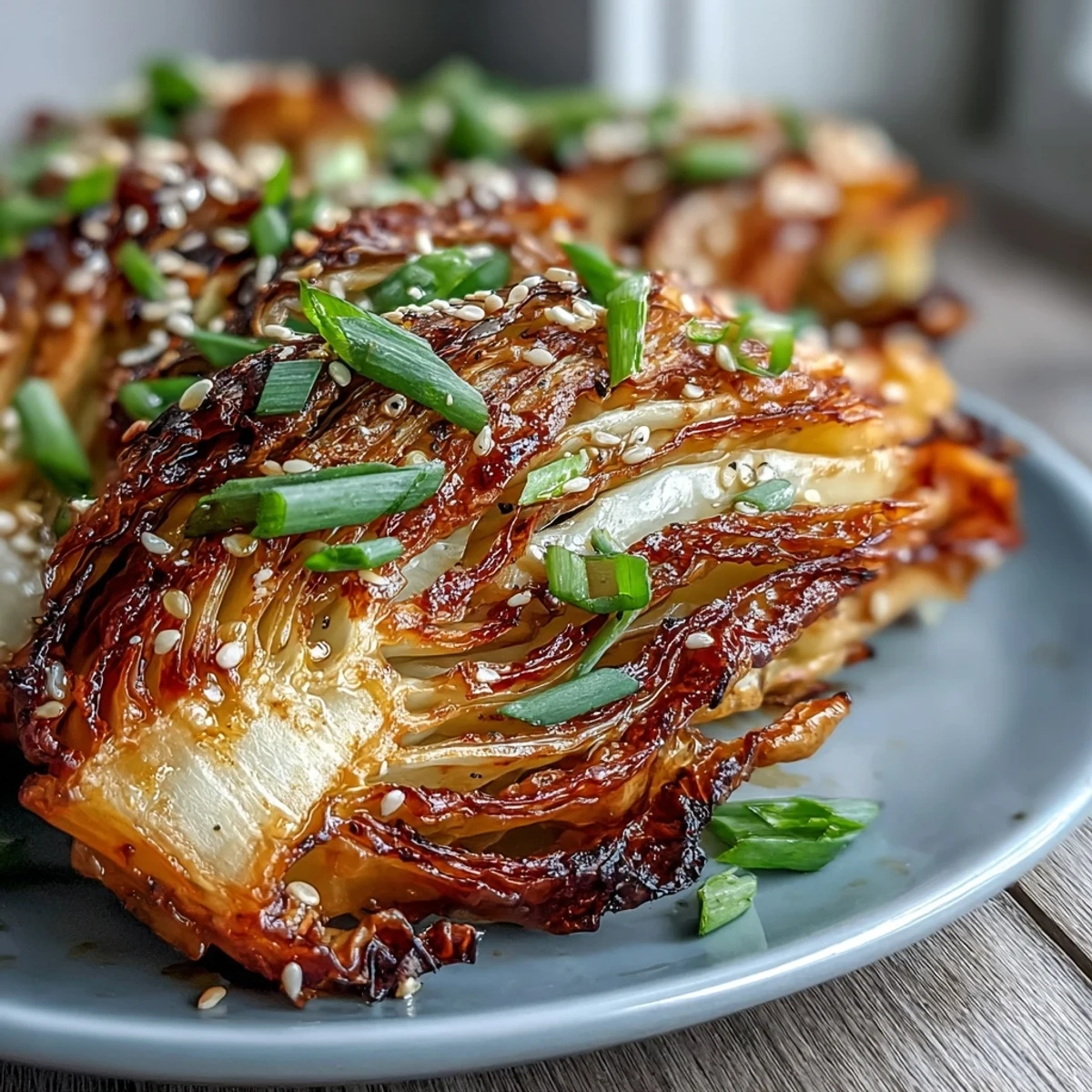 Golden-brown Miso Butter Roasted Cabbage Wedges glazed with rich, nutty butter, garnished with sesame seeds and green onions on a white plate.