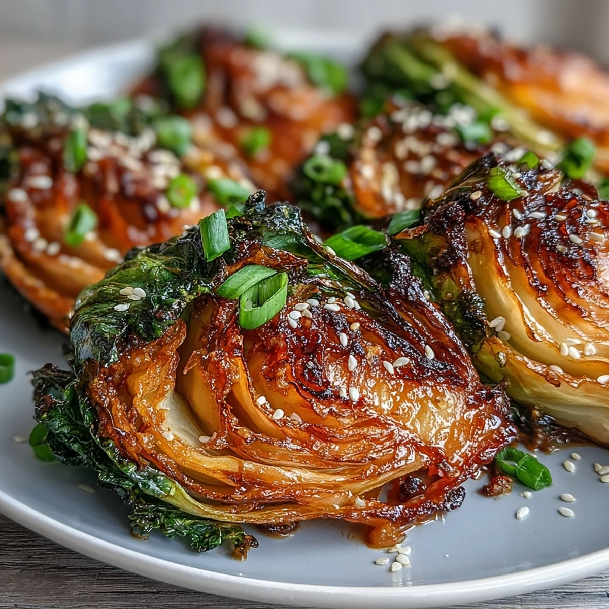 Miso Butter Roasted Cabbage Wedges ready to serve, drizzled with miso glaze and topped with fresh green onions and pepper.