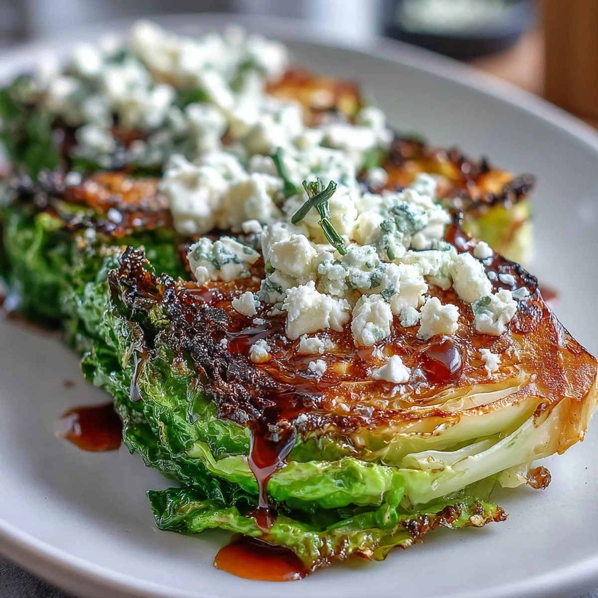 Plated Crispy Cabbage Steaks With Feta and Balsamic beside grilled chicken, finished with fresh parsley and bright lemon zest.