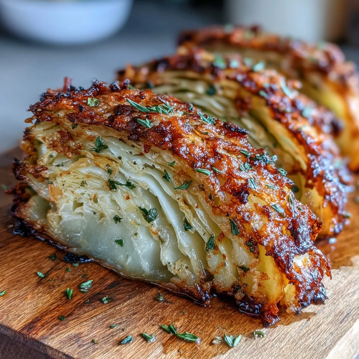 Tender green cabbage wedges roasted to perfection, featuring browned cheese seasoning and caramelized edges. Roasted Garlic Parmesan Cabbage Wedges paired with grilled chicken.
