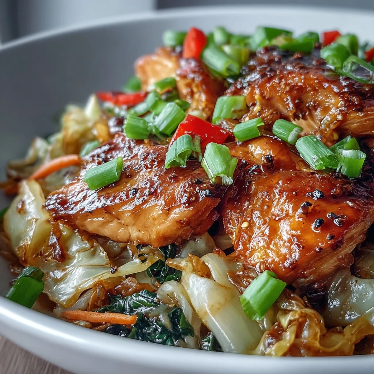 Sizzling Chicken Cabbage Stir-Fry features juicy chicken and crisp vegetables coated in a glossy, savory umami sauce in a hot wok.