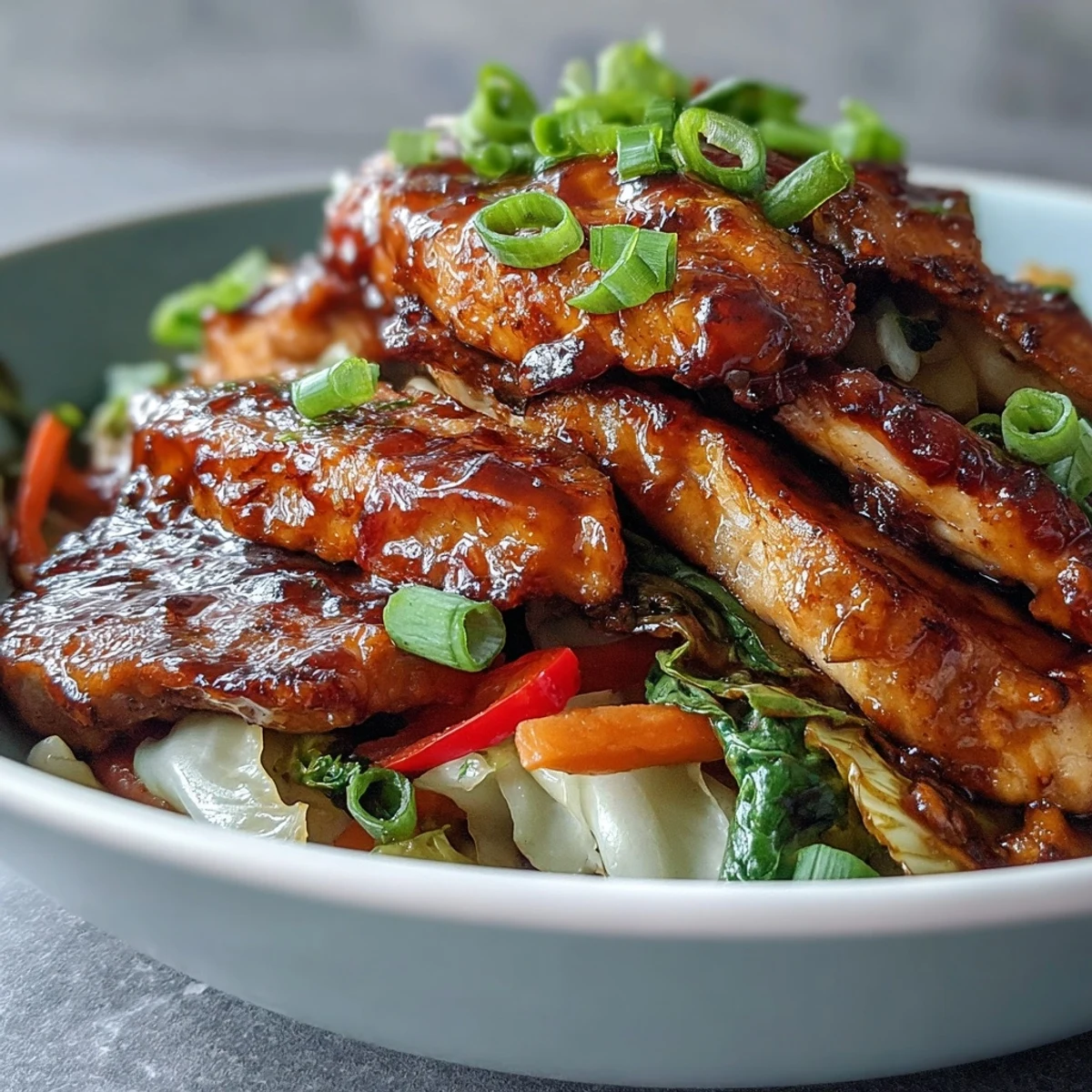 A close-up of Chicken Cabbage Stir-Fry reveals tender vegetables and a thick, aromatic glaze, perfect for a quick, family-style dinner.