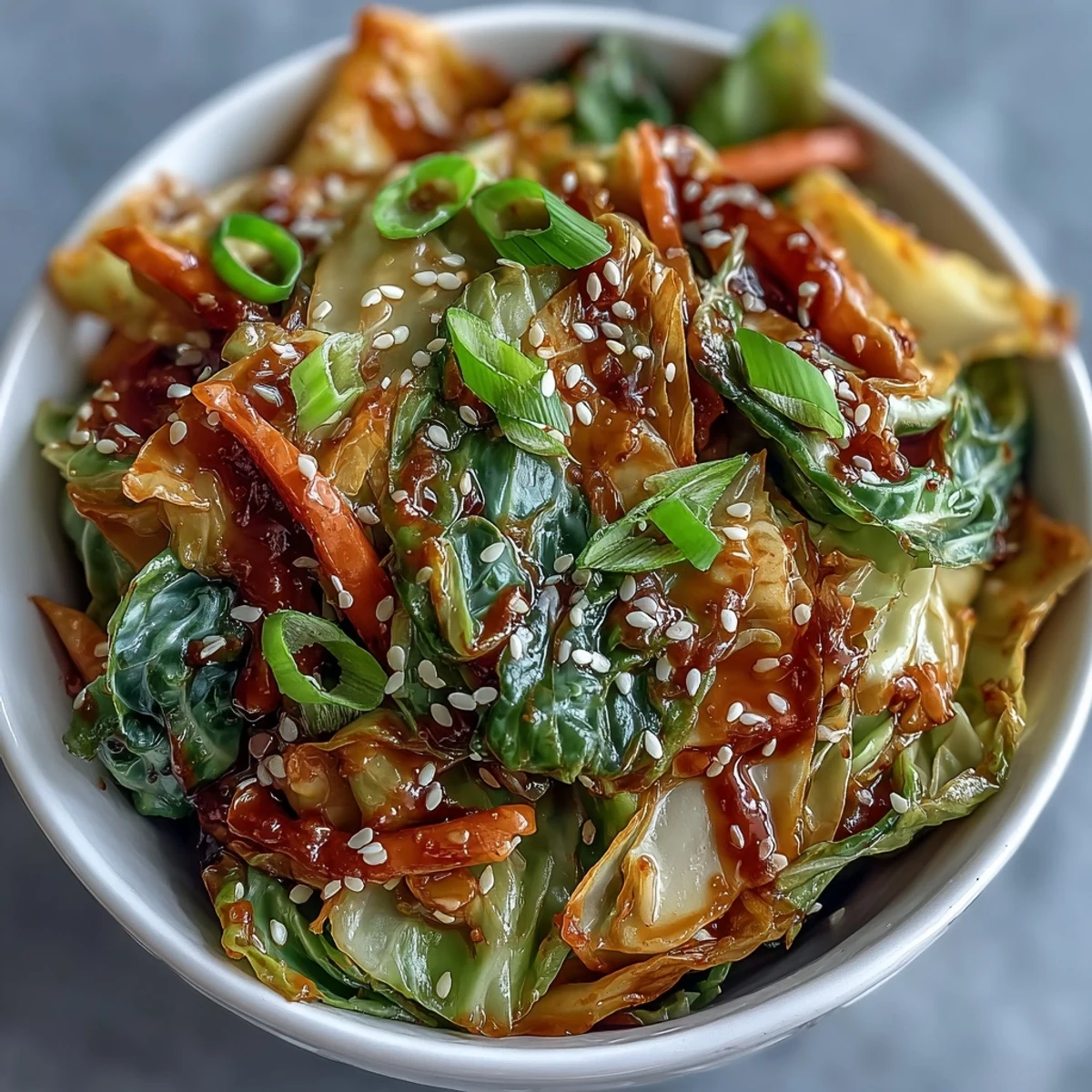 A close-up of Hot and Sour Cabbage, featuring glistening slices of cabbage and carrots tossed in a savory, aromatic sauce.