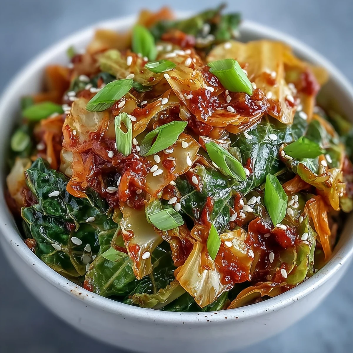 A vibrant bowl of Hot and Sour Cabbage, garnished with fresh scallions and sesame seeds, served hot alongside steamed rice.