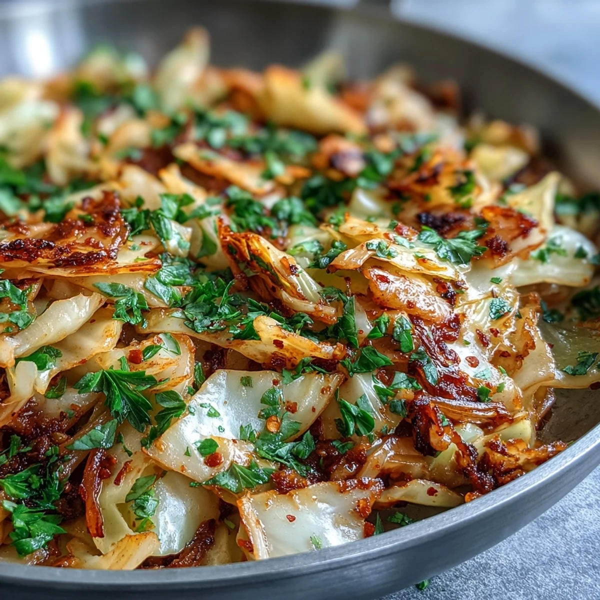 Freshly sautéed cabbage with garlic and Mediterranean spices, glistening with olive oil and garnished with parsley and lemon wedges on a rustic plate.