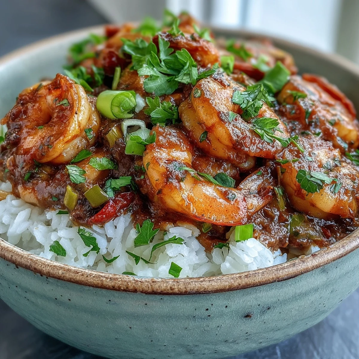 Classic New Orleans Étouffée steaming over fluffy white rice, garnished with fresh green onions and parsley.