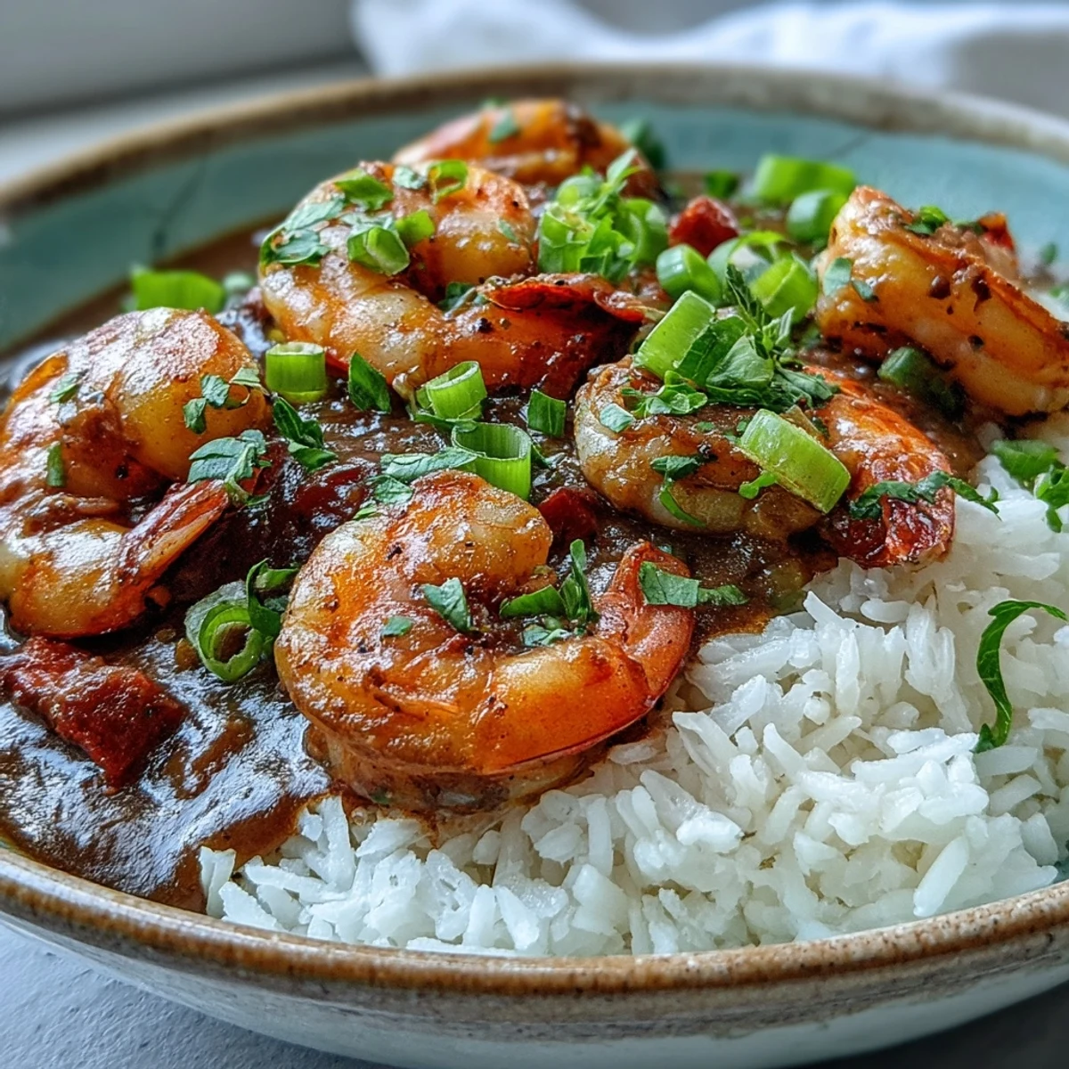 Serving of Classic New Orleans Étouffée with crusty bread on a rustic wooden table.