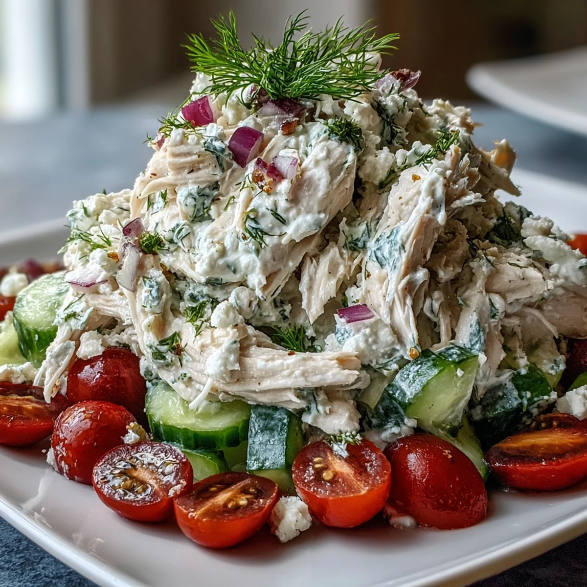 A chilled bowl of Tzatziki Chicken Salad featuring shredded rotisserie chicken, cherry tomatoes, and feta cheese.