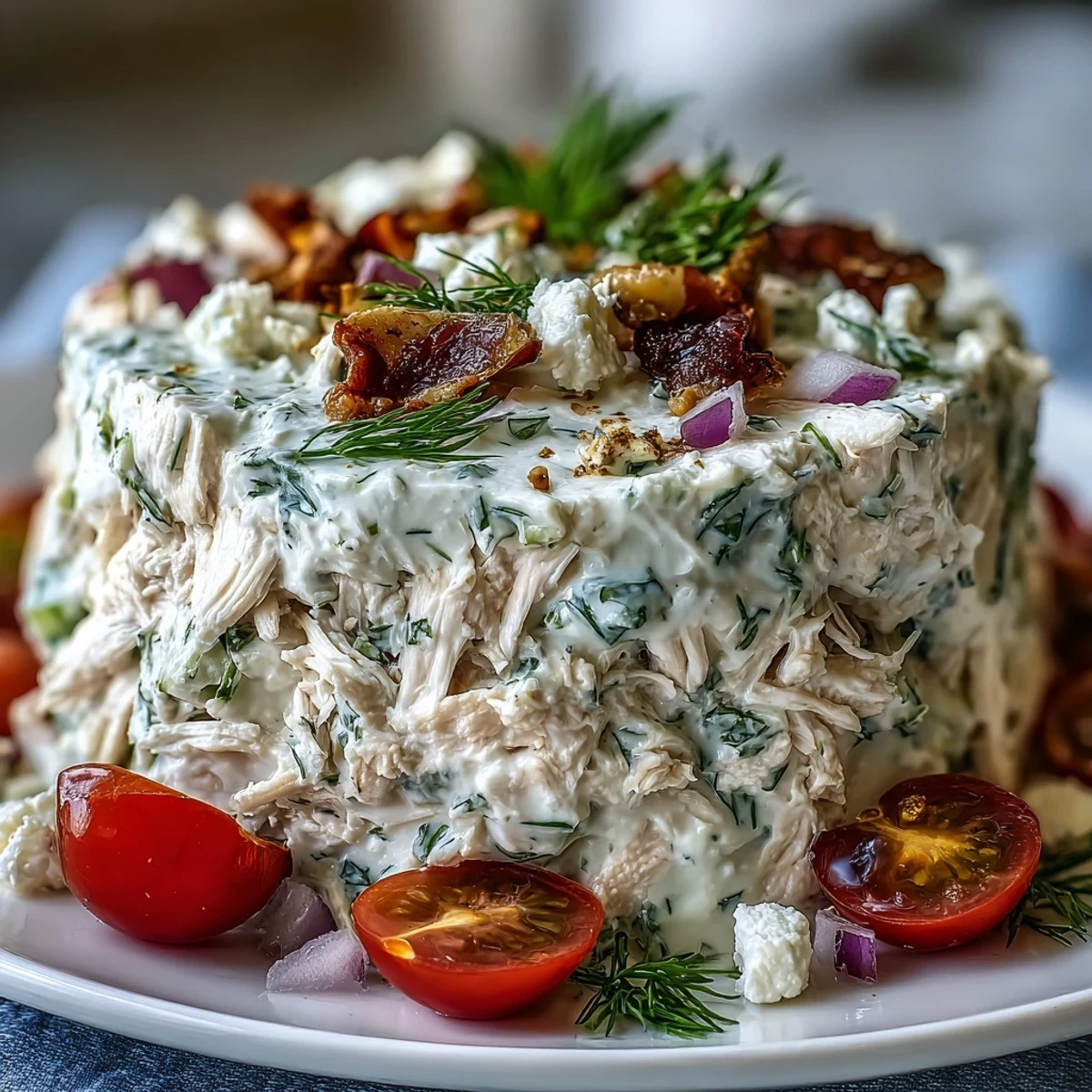 Bright and refreshing Tzatziki Chicken Salad with diced avocado, red onion, and Kalamata olives on spinach.
