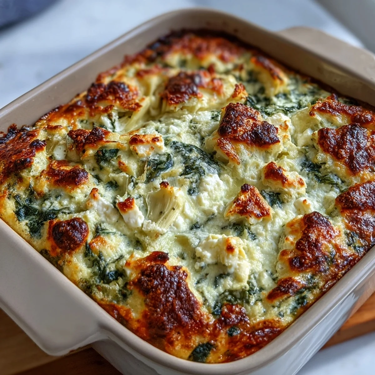 Golden-brown High Protein Spinach Artichoke Bake fresh from the oven, served in a white dish.