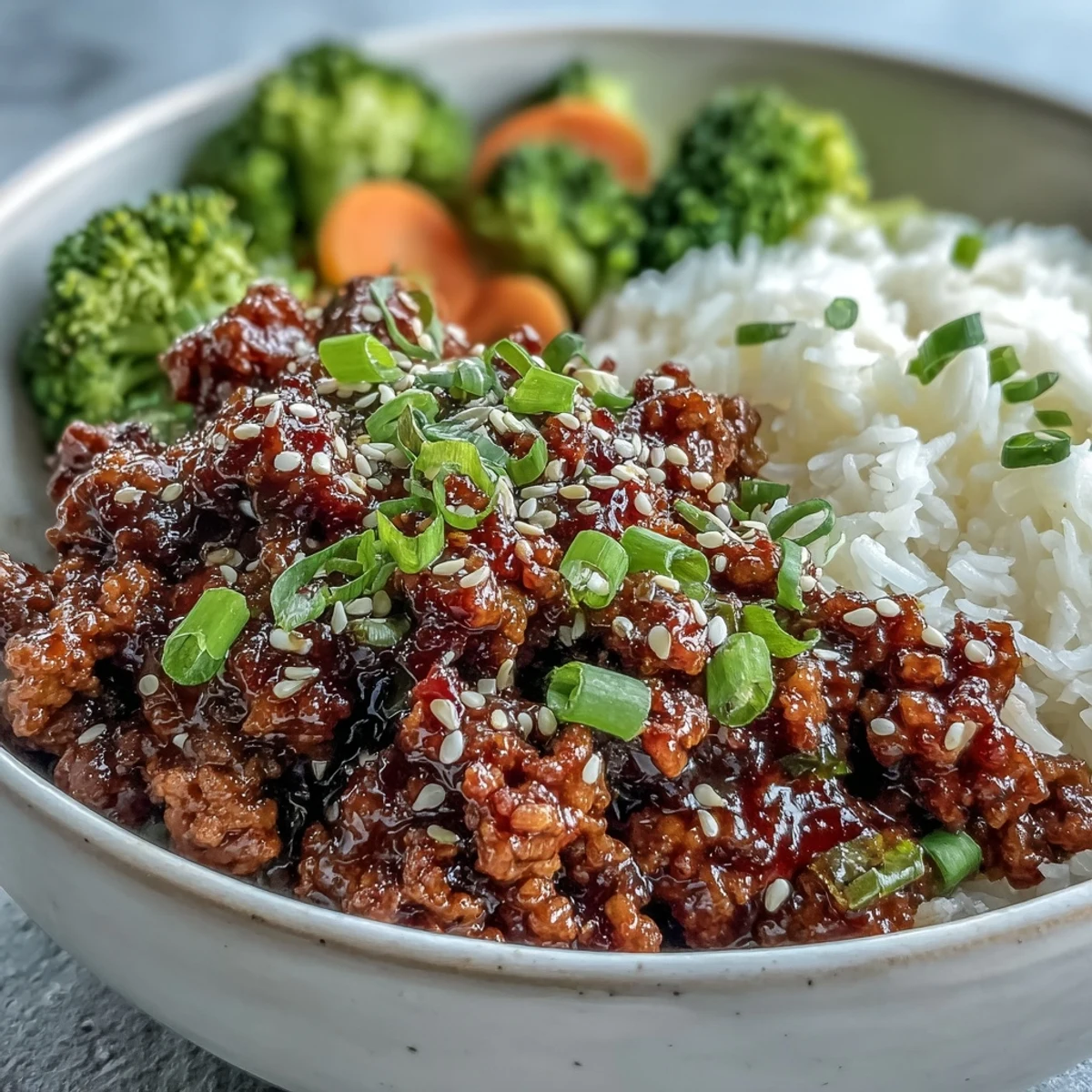 A close-up of Korean-Style Ground Turkey in a skillet, garnished with chives and toasted sesame seeds, saucy and glossy.