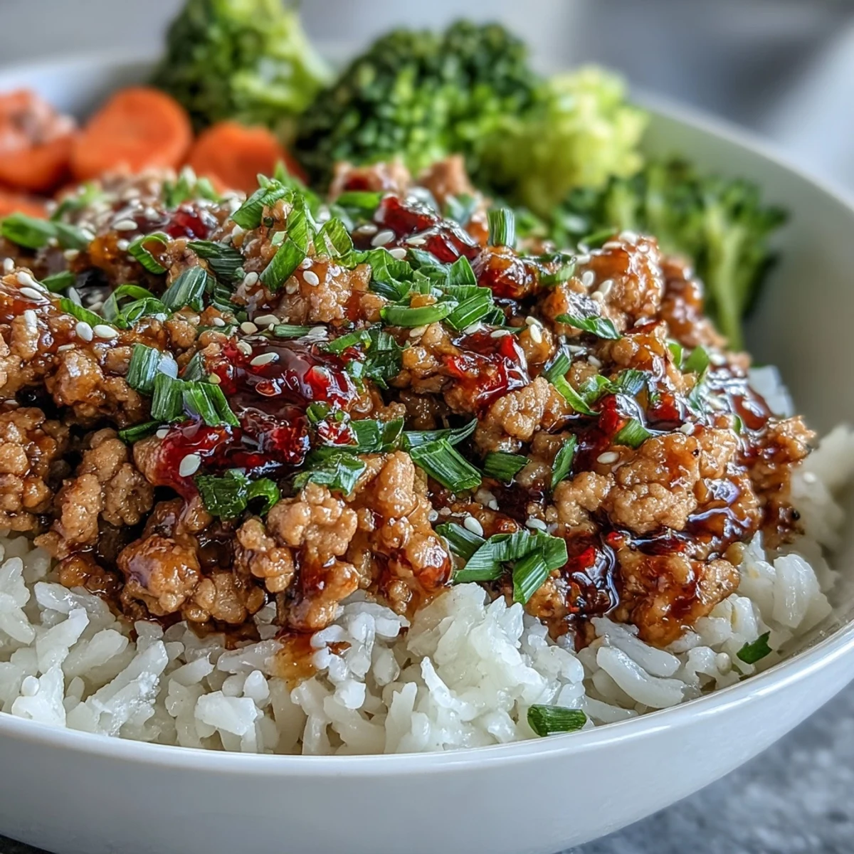 Family-style bowl of Korean-Style Ground Turkey beside chopsticks, fresh chives, and sesame seeds, showcasing a savory, sticky glaze.
