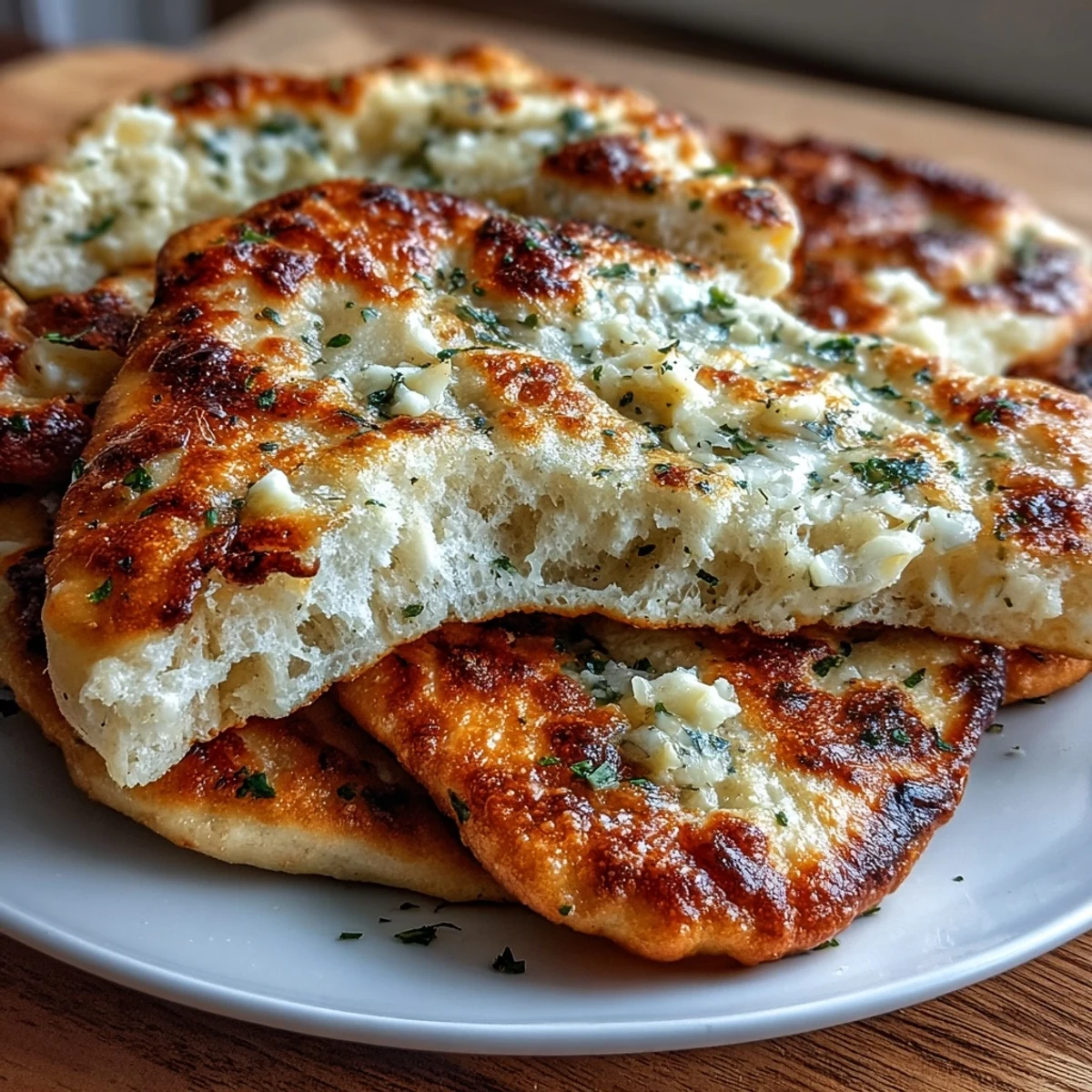 Warm, fluffy The Best Easy Garlic Naan Bread topped with fresh cilantro and melting butter, served on a plate.