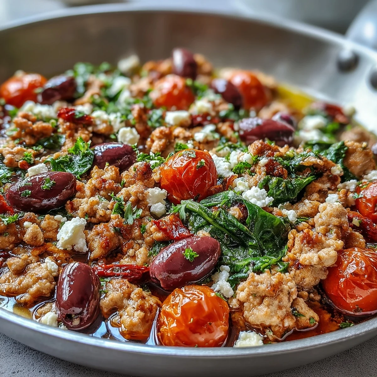 Golden Mediterranean Keto Ground Chicken Skillet with Olives and Feta bubbling in a cast iron pan.