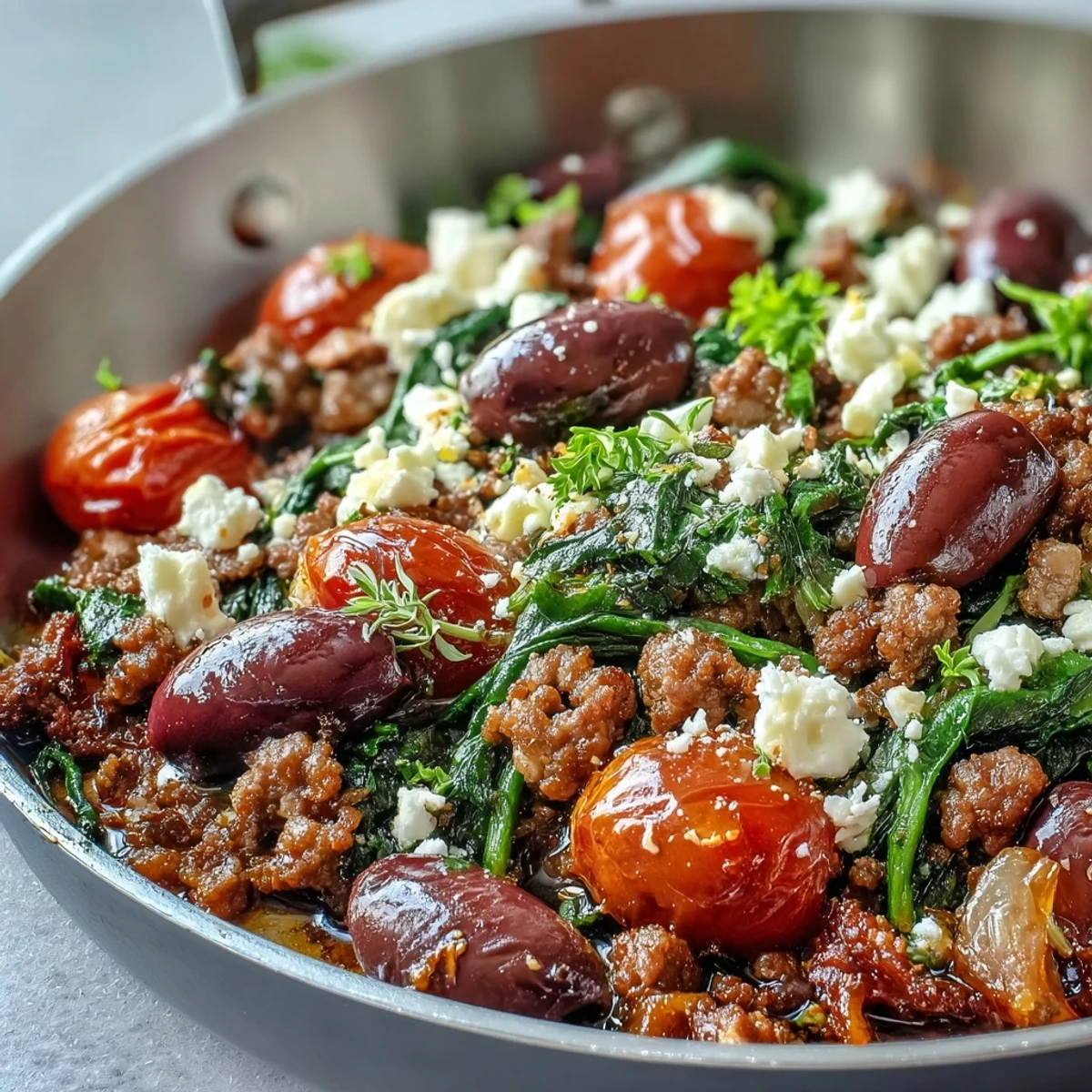 Spoon serving Mediterranean Keto Ground Chicken Skillet with Olives and Feta over fresh baby spinach.