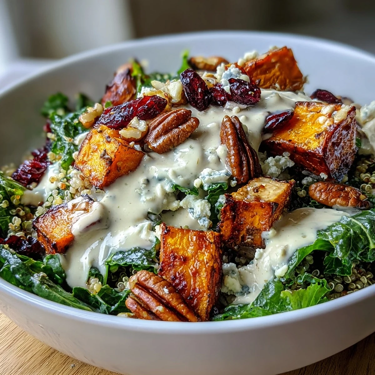 Freshly roasted sweet potatoes and massaged kale top fluffy quinoa in this Harvest Kale Quinoa Bowl, drizzled with creamy lemon tahini dressing.