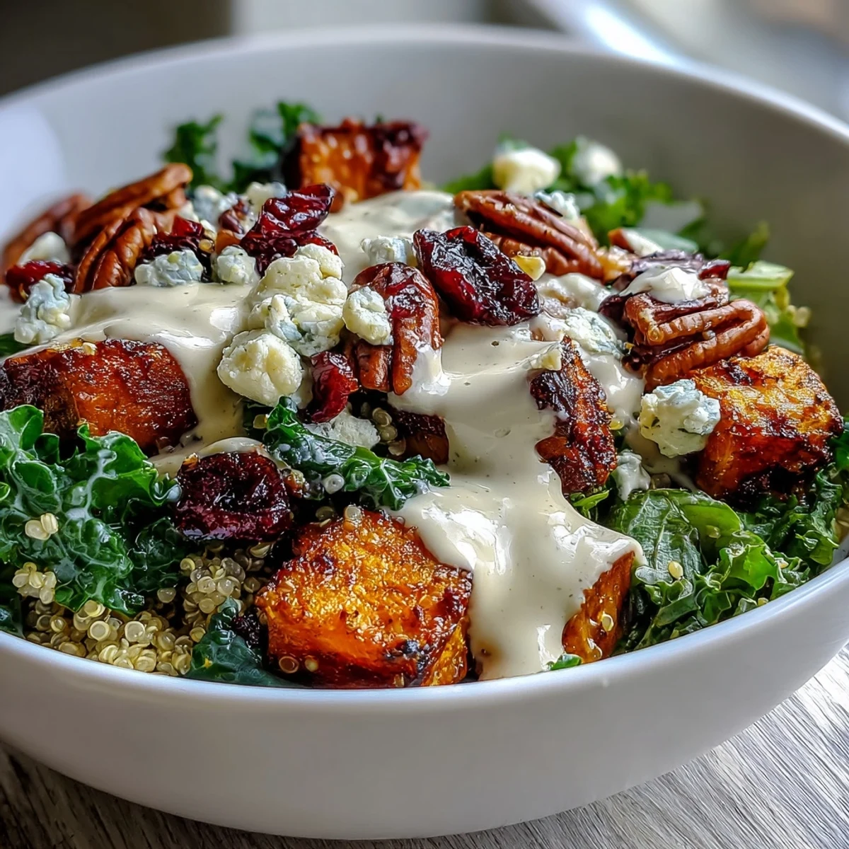 Serve this vibrant Harvest Kale Quinoa Bowl with lemon tahini dressing on the side for a nourishing vegetarian weeknight meal.