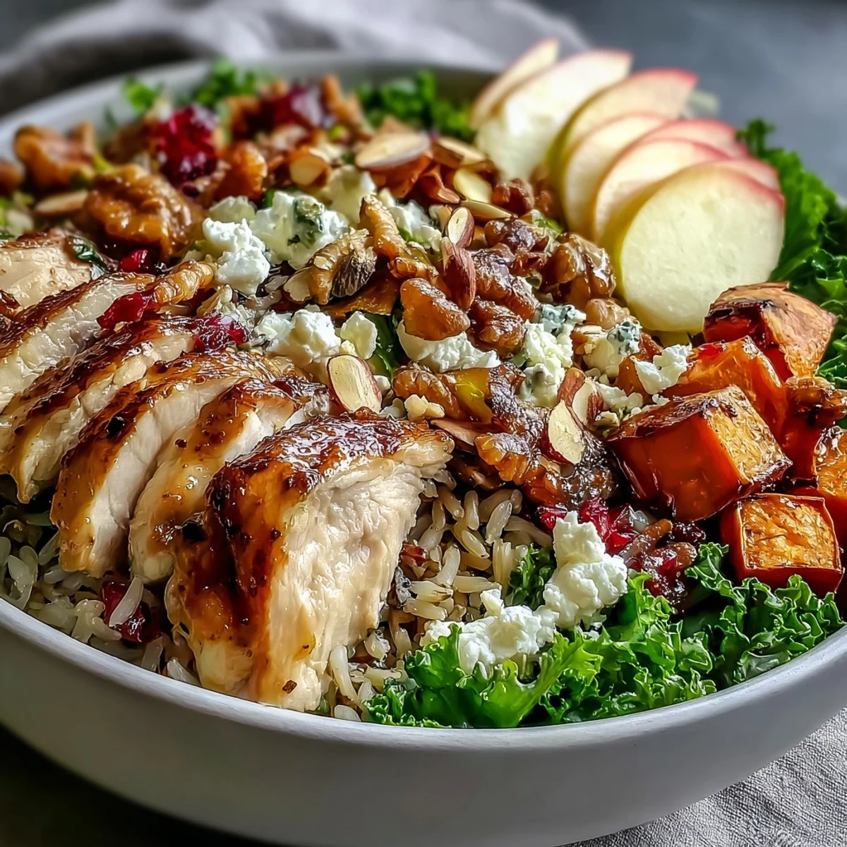 Freshly roasted chicken and sweet potatoes on a Harvest Bowl with kale, wild rice, and sliced almonds.