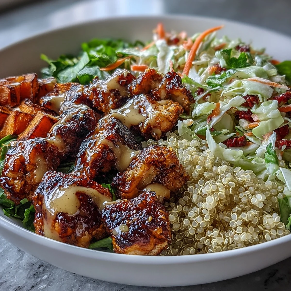 A vibrant Hot Honey Chicken Bowl with spiced chicken, roasted sweet potatoes, and crunchy red cabbage slaw on fluffy quinoa.